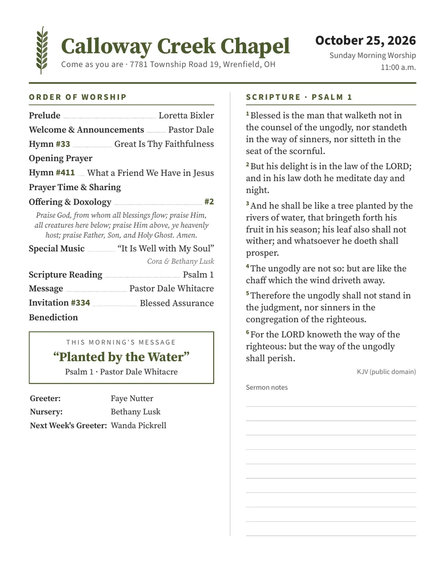 Simple one-sheet bulletin with order of worship and a printed Psalm